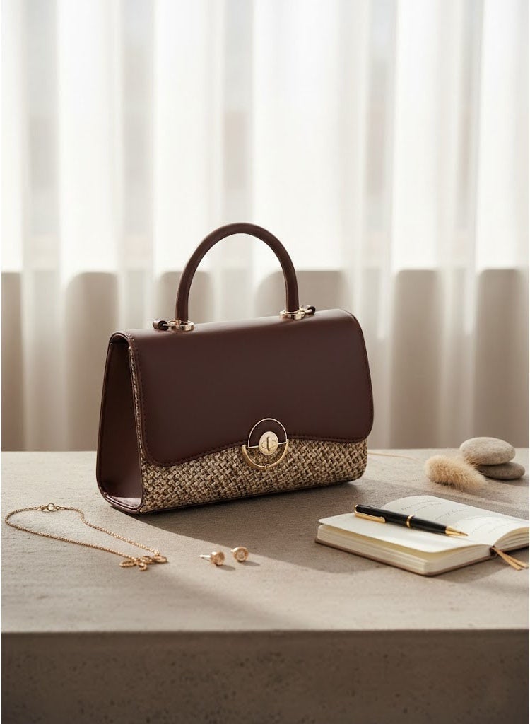 FUMES Coffee brown Women’s Handbag – Smooth Finish with Patterned Fabric Panel, Structured Top Handle & Chain Strap, Elegant Office & Evening Bag - Image 2